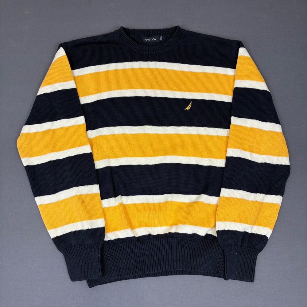 Nautica Striped Knit Sweater Men's Size Large Yellow & Navy Blue